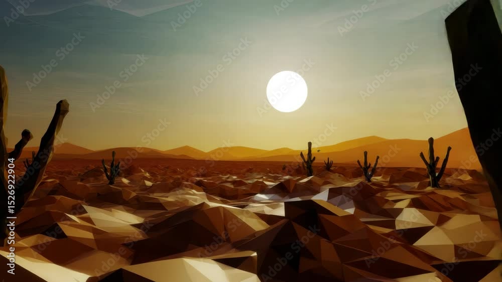 Aufkleber a low-poly desert scene with cacti and the sun setting in the background, rendered using simple geom
