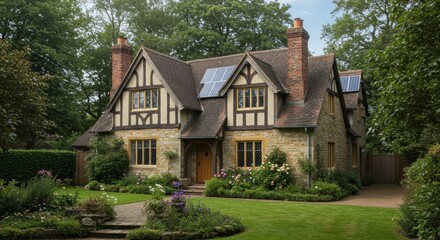 Charming Revival Cottage: Sustainable Single Story Home - Eco-friendly single-story house, blending modern sustainability with classic charm. Symbolising comfort, heritage, nature, innovation