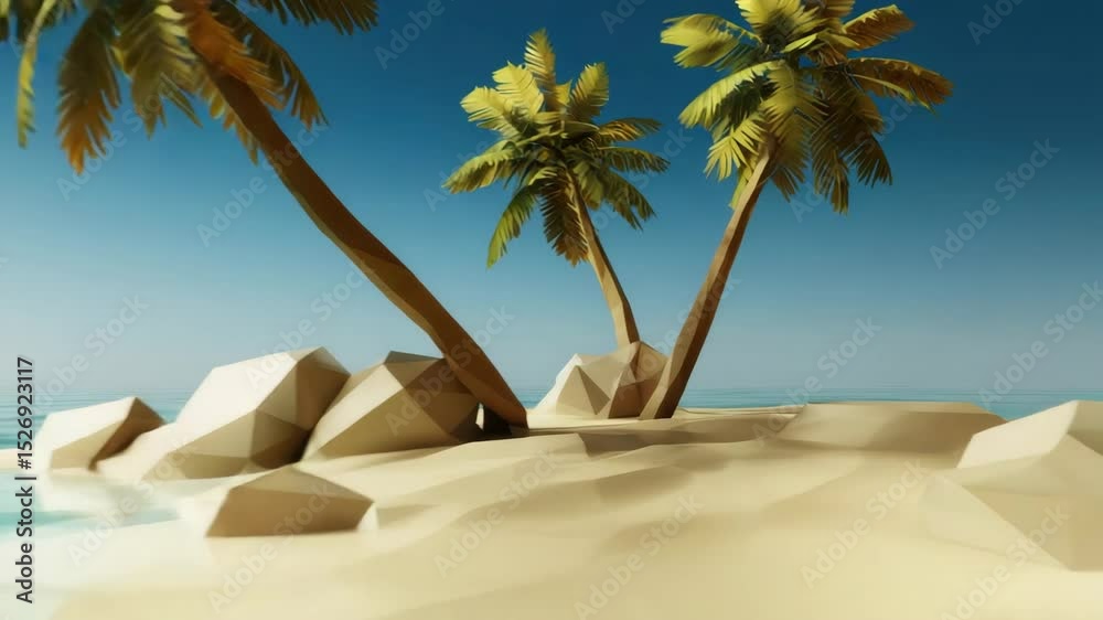 Poster a low-poly beach scene with palm trees and clear blue water, rendered in a simple polygonal style. t