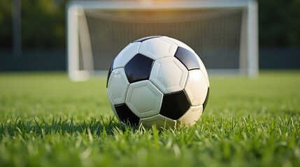 A black and white soccer ball on a lush green field with a blurred goalpost in the background.