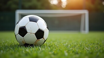 Soccer ball resting on lush green grass.