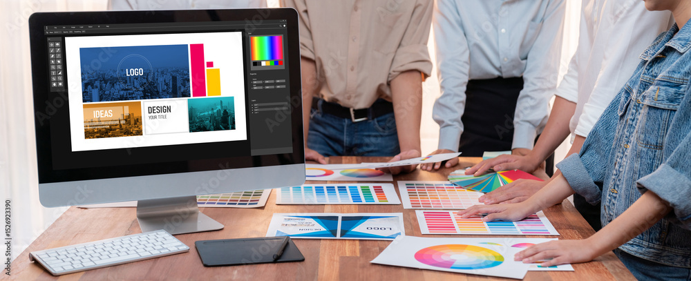 Aufkleber Graphic designer software for modern design of web page and commercial brisk ads showing on the computer screen