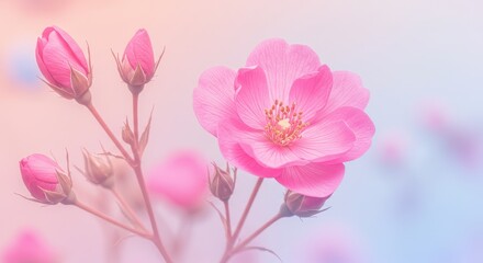 Fototapeta premium Delicate Pink Rose Blossom - A single pink rose in full bloom, surrounded by unopened buds, set against a soft pastel background
