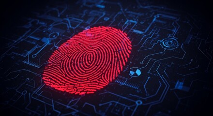 Fingerprint Data Security - A glowing red fingerprint on a circuit board symbolizes security, data protection, biometric authentication, privacy, and identity verification