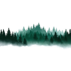 Serene forest landscape with layers of misty pine trees creates tranquil and mysterious atmosphere. gradient of green and black adds depth and contrast to scene