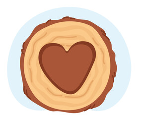 Wood cut with heart inside. Symbol of handmade. Work made with love. Tree log sawing. Wooden natural material. Timber carving. Carpentry craft. Logging circle. Vector woodworking icon