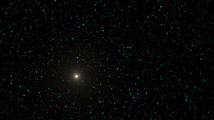 Distant Starfield with Blue Speckles and a Central Sunlike Star Radiating Light in the Vast Darkness of Space This image