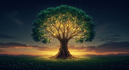 Glowing Tree of Life in Fantasy Nature - Mystical glowing tree, symbolizing hope, growth, nature's magic, life's journey, and inner peace. A serene sunset scene