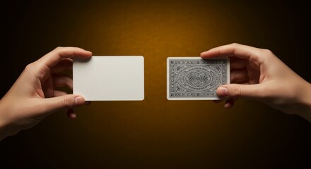 Hands Holding Blank and Ornate Cards - Two hands present a blank card and an ornate card against a dark golden background, symbolizing choice, opportunity, contrast, mystery, and decision-making