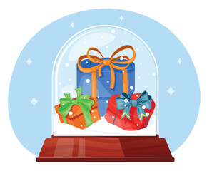 Transparent glass balloon with snowfall and gift boxes in snow. Christmas celebration. Snowglobe with presents heap. Crystal ball on stand. Bubble dome on base. Vector holiday souvenir