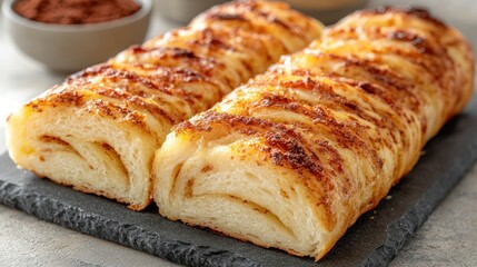 Two sliced cheese bread rolls on dark stone
