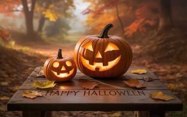 Lit jack o lanterns on wooden table in autumn forest