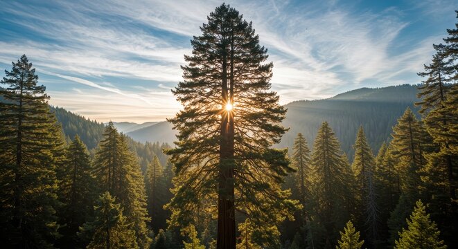 Majestic Redwood Sunset - A majestic redwood tree silhouetted against a vibrant sunset, overlooking a vast forest landscape