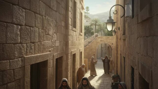 Jesus Christ and apostles walking on an ancient street, with followers in the background, religious scene footage.