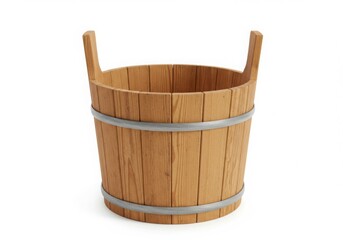 Wooden bucket with metal rings on white background