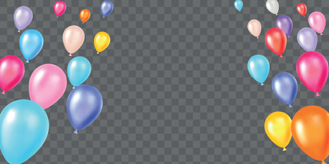 Realistic inflatable balloons of different colors flying upwards set on transparent background. Inflated balls frame. Holiday celebration. Birthday 3D decoration. Vector festive backdrop