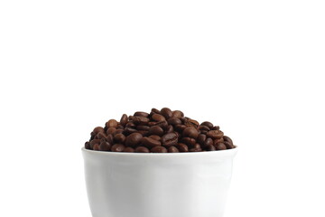On a white background there is a white cup with black coffee in the form of a grain.	