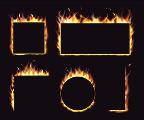 Realistic fire border. Rectangular or round blazing frame. Burning corner. Inferno firewall. Ignition heat. Glowing flames. Different geometric shapes. Fiery effect elements vector set