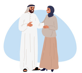 Pregnant woman in hijab. Man in traditional Muslim clothing embraces wife. Saudi family expecting childbirth. Pregnancy or parenthood. Belly mother together with father. Vector concept