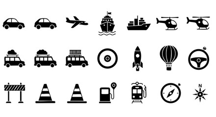 Glyph Transport Icons with Airplane, Car, Ship, Train, Rocket