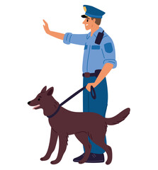 Policeman with police dog on duty. Puppy guide. Pet at leash. Officer working with canine breed animal. Doggy handler job. Patrol and crime investigation. Cop in uniform. Vector concept