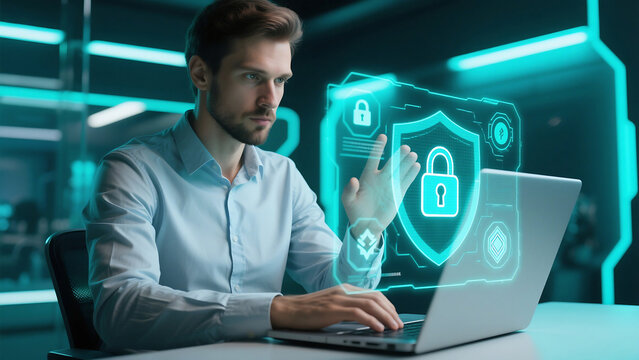 Cybersecurity professional working on laptop secure data