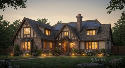 Obraz premium Revival Single Story Home: Sustainable Charm - Eco-friendly single story house design, blending modern sustainability with classic architectural revival . Features solar panels, energy efficiency