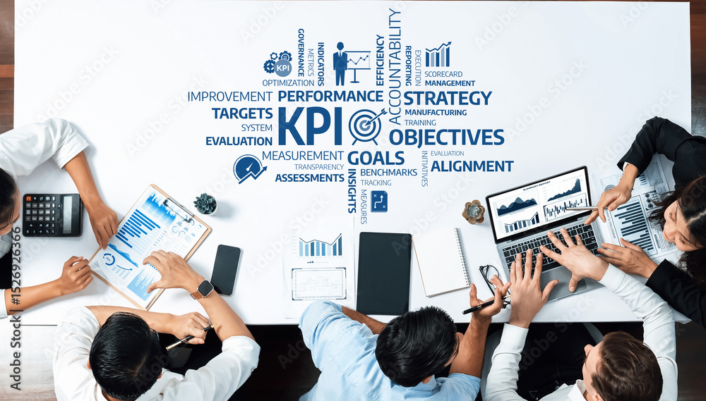 Aufkleber A dynamic business strategy meeting showcases collaborative efforts on KPI analysis, performance metrics, and visual data representation using modern technology. Amity