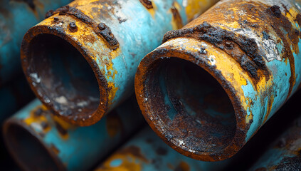 Aged polypropylene plumbing pipes affected by rust, limescale, and sludge buildup.
