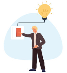 Man presses light switch to turn off lightbulb. Saving electricity. Guy pushing button. Electric toggle control. Conscious consumption. Electrical energy efficient use. Vector concept