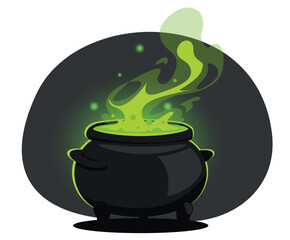 Metal magical cauldron of boiling magic brew. Sorcery laboratory. Fantasy pot with toxic smoke. Witchcraft and alchemy boiler. Evil essence substance. Poison drink. Vector witch pan