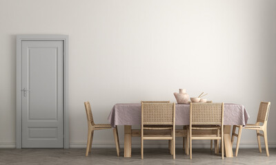 In a dining room, there is a table accompanied by chairs and a door