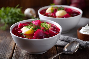 Vibrant beetroot borscht soup with potatoes and fresh dill in white bowls