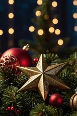Christmas gold star, close up, professional photo, stock photo