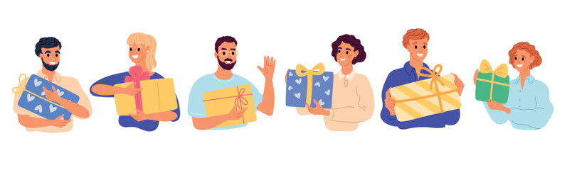 Happy men and women holding boxes with gifts in hands. Smiling people with presents. Give or receive surprise. Holiday celebrate. Birthday anniversary. Persons with giftboxes vector set
