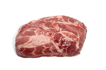 Unpacked meat top view. Large piece of raw pork with visible fat structures. Ideal for marinating and further processing in the kitchen. Meat isolated on white background.