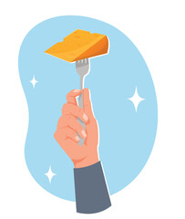 Hand holding table fork with piece yellow cheese poked. Dairy product. Gourmet delicacy. Tasty food eating. Cutlery in arm. Cooking ingredient. Cheesy snack. Cheddar or Maasdam slice. Vector concept