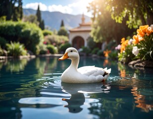 White duck in a serene garden pond
