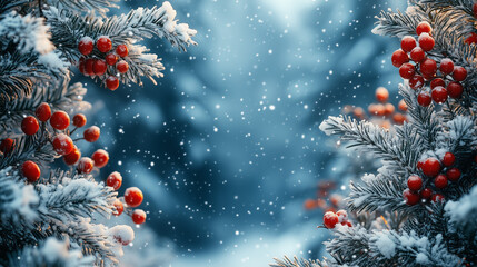 Snow-Dusted Pine Branches with Red Berries and Soft Falling Snow