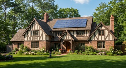 Tudor Home with Solar Panels - Beautiful Tudor home with solar panels on the roof, surrounded by lush landscaping