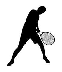 Male tennis player, isolated silhouette. The type of sport is lawn tennis. An active man hitting a ball with a racket. Vector illustration