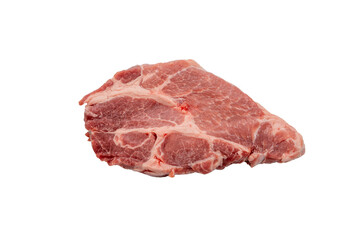 Single pork steak on a white background. A fresh pork steak lies on a white background. The rich marbling shows a high fat content for flavor and juiciness.