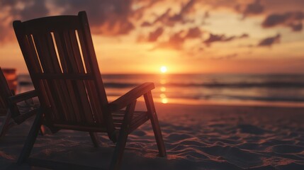 Relaxing beach chair overlooks a warm sunset. Serene ocean view with vibrant sky colors.