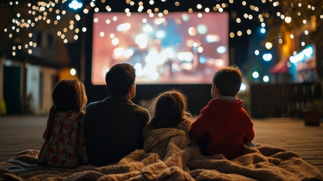 Family and friends watch an outdoor movie on a cozy evening. Enjoying a festive night together with bright bokeh lights.