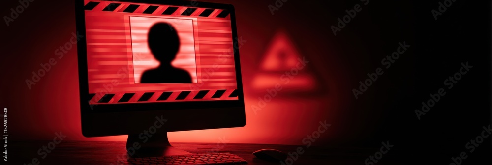 Aufkleber fake identity profile displayed on monitor with danger label indicating potential security risk