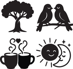 Happy friendship day graphics design elements like tree, birds, coffee cup and sun moon