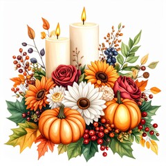 Autumnal Floral Arrangement with Candles and Pumpkins