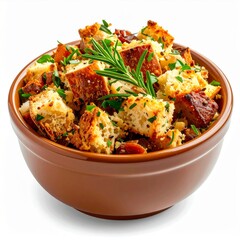 Brown Bowl of Savory Bread Stuffing with Herbs