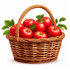 Red Apples in Brown Wicker Basket on White Background