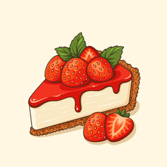 Strawberry cheesecake slice with topping and mint leaves on beige background. Vector flat illustration.